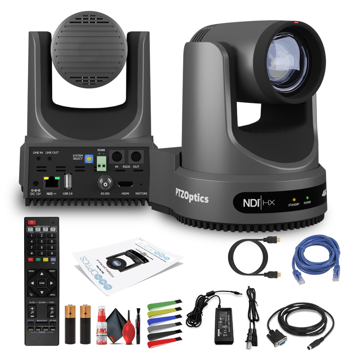 PTZOptics Move PT12X-4K-GY-G3 Cámara PTZ 4K con Zoom Óptico 12x, SDI/HDMI/USB/IP, Color Gris + Kit de Limpieza de Lentes + Cable HDMI + Cable Ethernet + Cinchos de Colores
