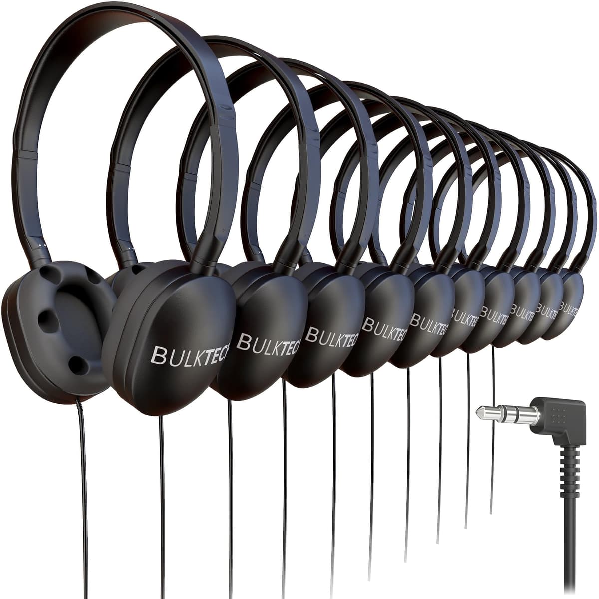 Bulktech FI0H5B Auriculares con cable on-ear de goma, conector 3.5 mm, negro, paquete de 1000 unidades