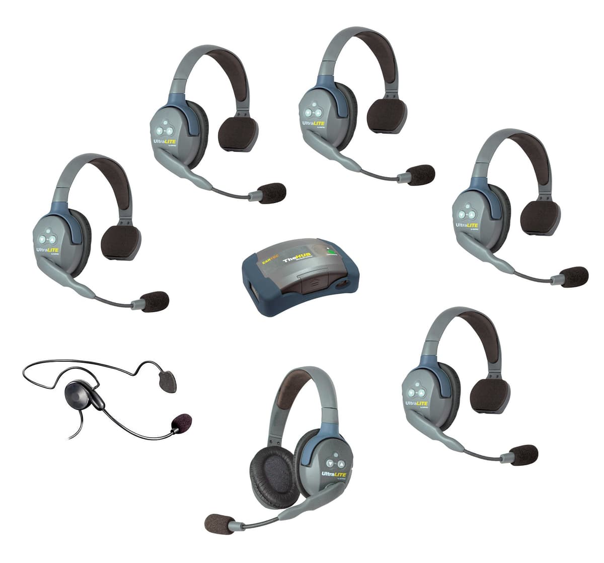 EARTEC HUB 7-51CYB Sistema Inalámbrico UltraLITE sin Licencia para 7 Usuarios - 1 Base Transceptora HUB, 1 Diadema Cyber Over-Ear, 5 Auriculares ULSR Mono y 1 Auricular ULDR Doble Ear