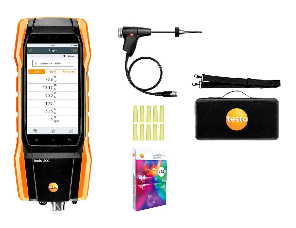 Testo 300 0564 3002 83 Analizador de Combustión - Medidor de CO para gases de combustión, tiro, presión diferencial y CO ambiente - Detector de fugas de combustión con impresora - Manómetros HVAC Testo