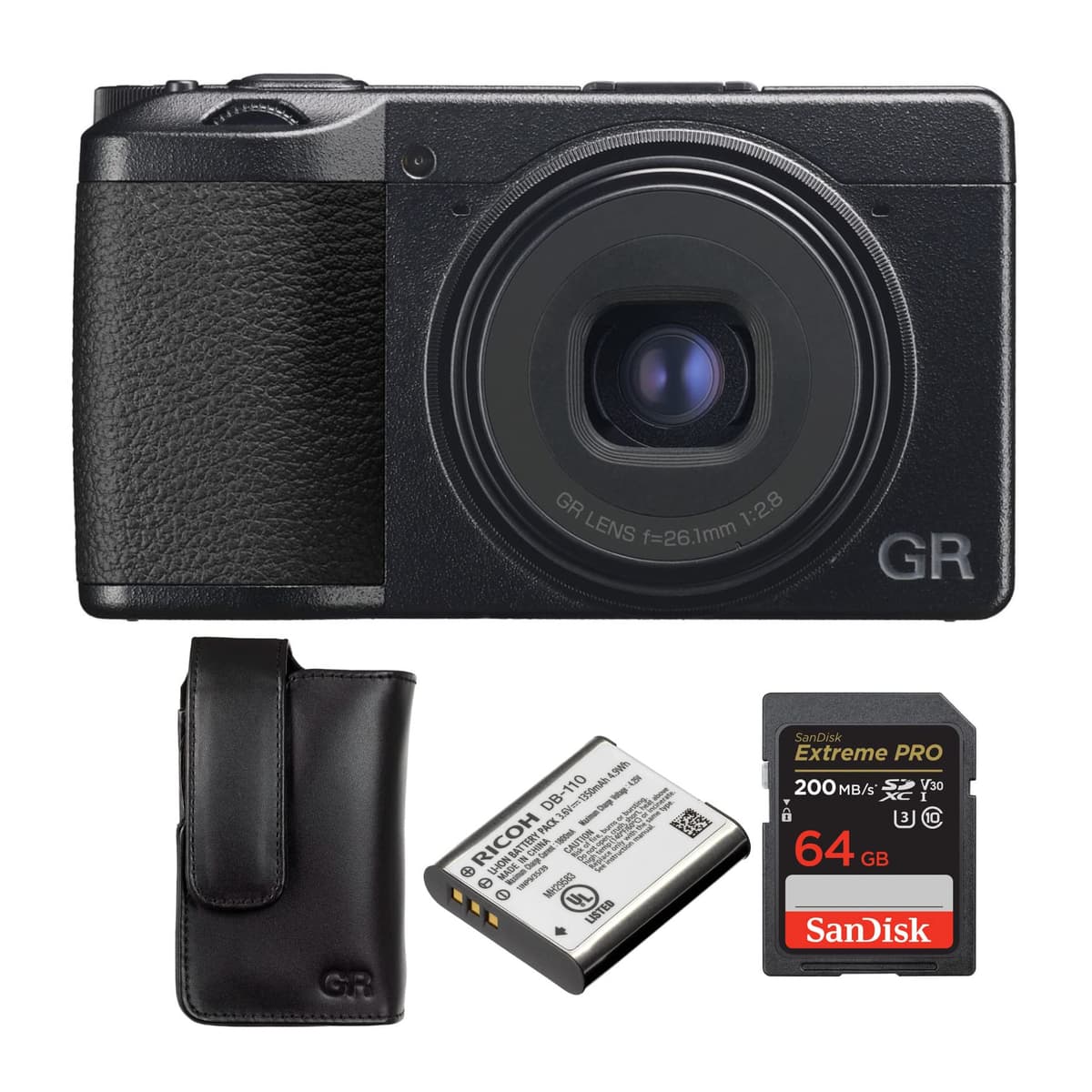 Ricoh GR IIIx Cámara Digital - Funda Blanda, Batería Recargable de Iones de Litio y Tarjeta SD 64GB (Paquete de 4 artículos)