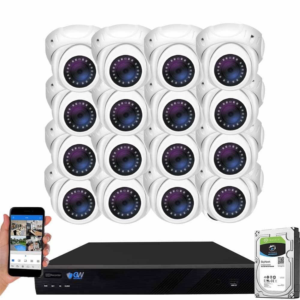 Camstar GW Security GW16CH7077MICX16C Sistema de Cámaras de Seguridad 16 Canales 4K 8MP con Audio, NVR 12MP PoE, 16 Cámaras Turret UHD 2160P con Micrófono Interior/Exterior, Detección AI Rostro/Humano/Vehículo, Disco 4TB