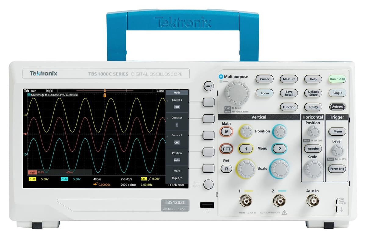Tektronix TBS1102C osciloscopio digital de almacenamiento 100 MHz 2 canales pantalla TFT USB FFT cursores disparo avanzado