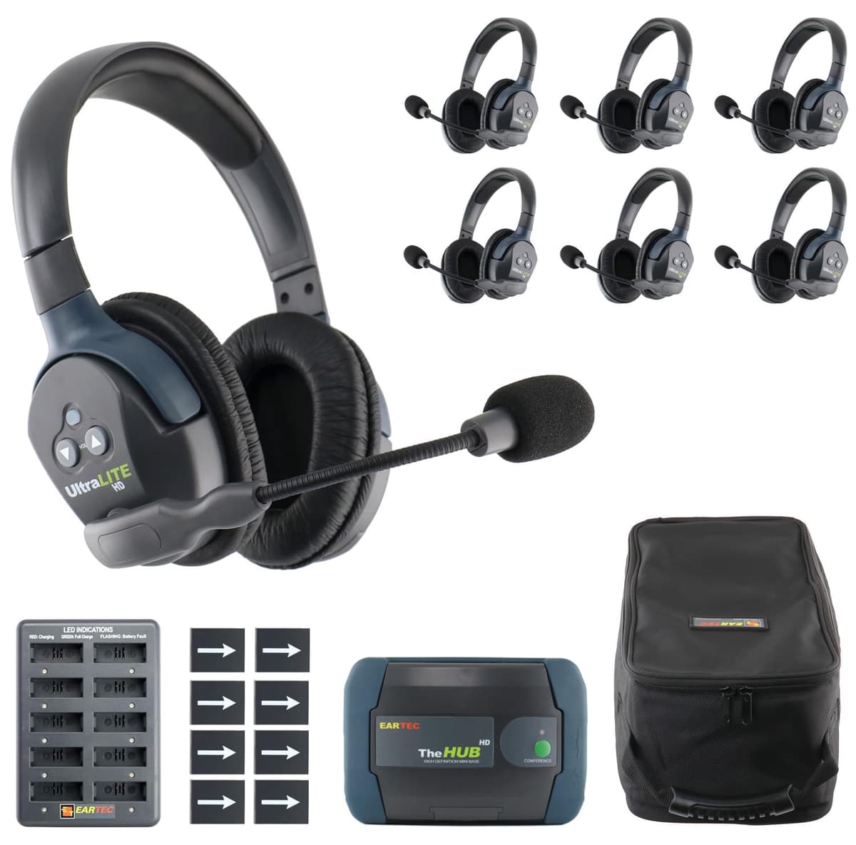 EARTEC HUB7D Ultralite-HD Intercom Inalámbrico Full Dúplex para 7 Personas, Diadema Doble, Alcance hasta 300 m, Sistema de Comunicación con Auriculares, Empresa de EE. UU.