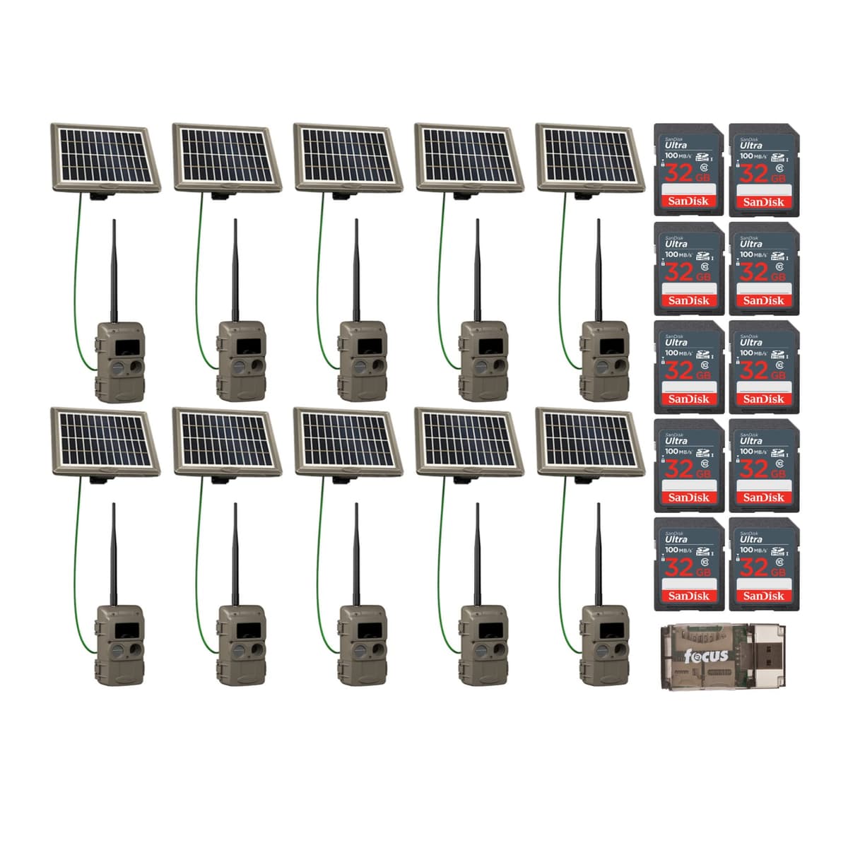 Cuddeback CuddeLink Cámara Trampa Inalámbrica Sensor 3ra Generación, Low-Glow IR LED con Antena, Pack de 10 + Banco de Energía Solar, Tarjeta de Memoria 32 GB y Lector de Tarjetas FC-CR1_K1326