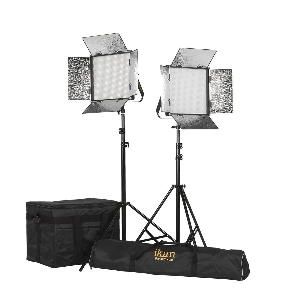 Ikan Rayden RB10-2PT-KIT - Panel LED 1x1 Bicolor 3200K-5600K ajustable para estudio y campo, con placas de batería Gold y V-Mount, puertas de granero, trípodes y estuche incluidos - Negro