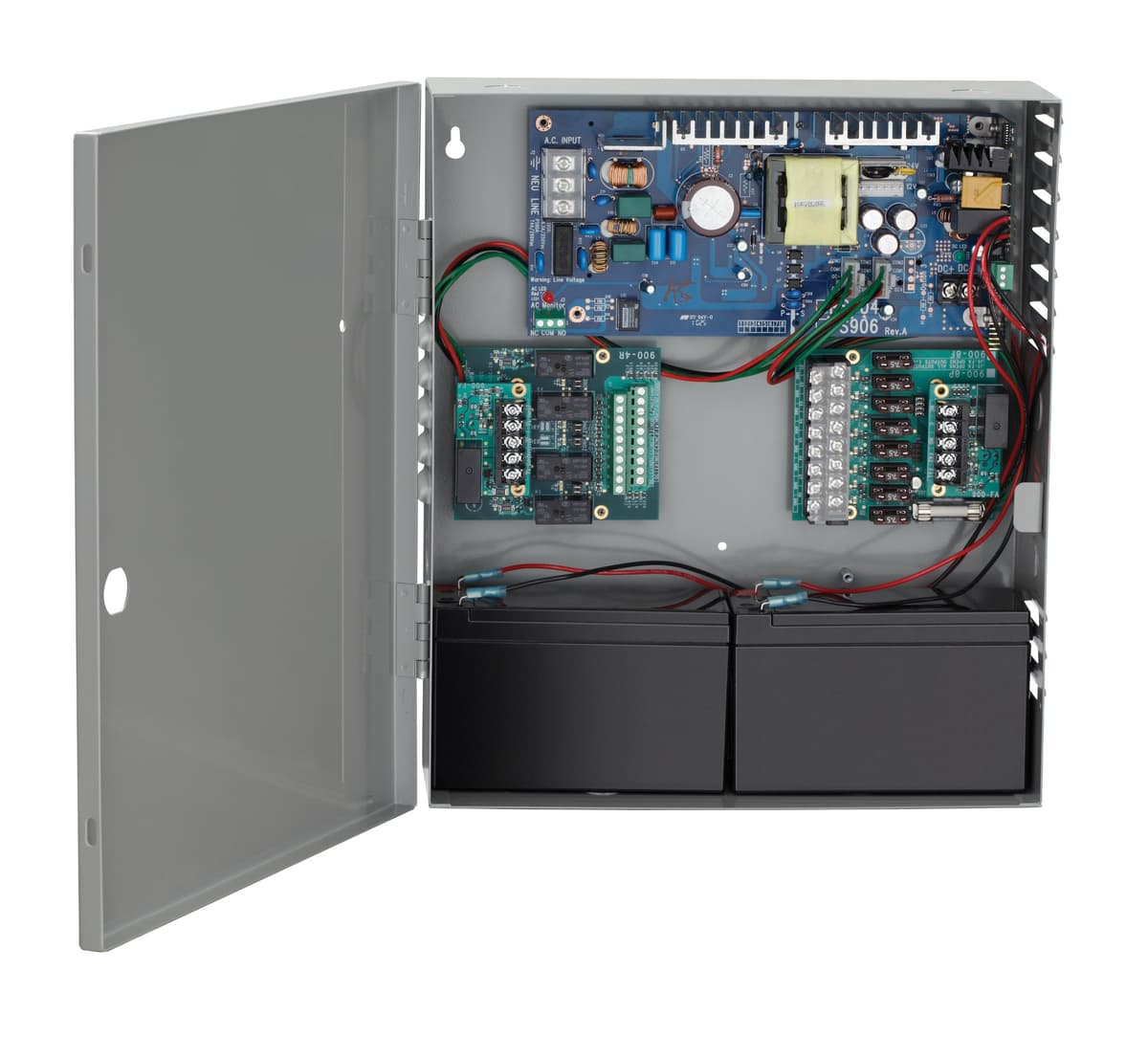 Schlage Electronics PS904 x 900-4R FA Fuente de Poder 4A Clase 2 con Tarjeta de 4 Relés y Módulo de Interfaz de Alarma de Incendio, Salida 12/24VDC, Entrada 120/240VAC 50/60Hz