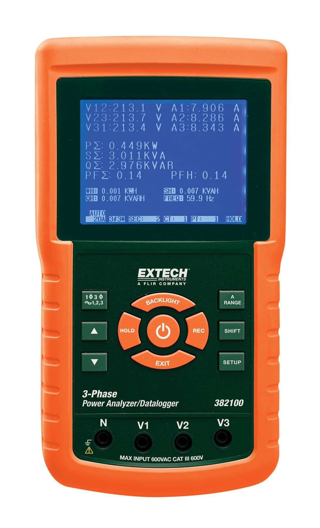 Extech 382100 Analizador/Datalogger de Potencia Trifásico 1200A, medidor de energía, registro de datos, pinza amperimétrica