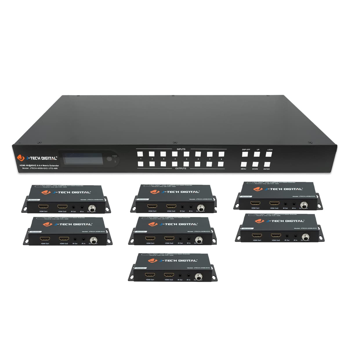 J-Tech Digital JTECH-4K88-EX2B Matriz HDMI 8x8 4K 60Hz 4:4:4 HDR HDBaseT por CAT5e/6 | Soporta PoC, Control IR, Copia EDID, RS232, Web GUI, App de Control | Compatible con Control4