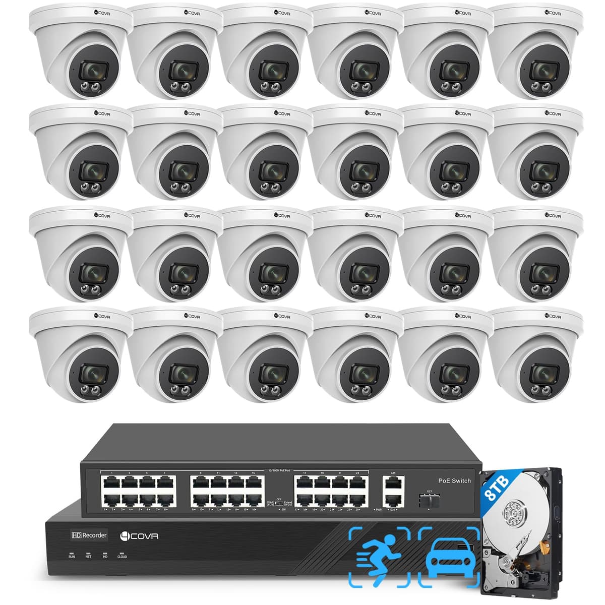 Forcovr LY97SA5M3224, Sistema de Cámaras de Seguridad 32 Canales PoE con Detección AI de Personas y Vehículos, 24 Cámaras Domo IP 5MP Ángulo Amplio 110°, NVR 4K UHD con HDD 8TB, Vigilancia Comercial Exterior IP67