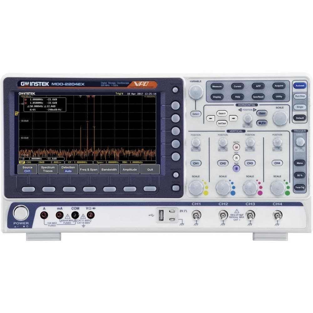 GW Instek MDO-2204EX osciloscopio de dominio mixto 4 canales 200 MHz con multímetro DMM y fuente PSU