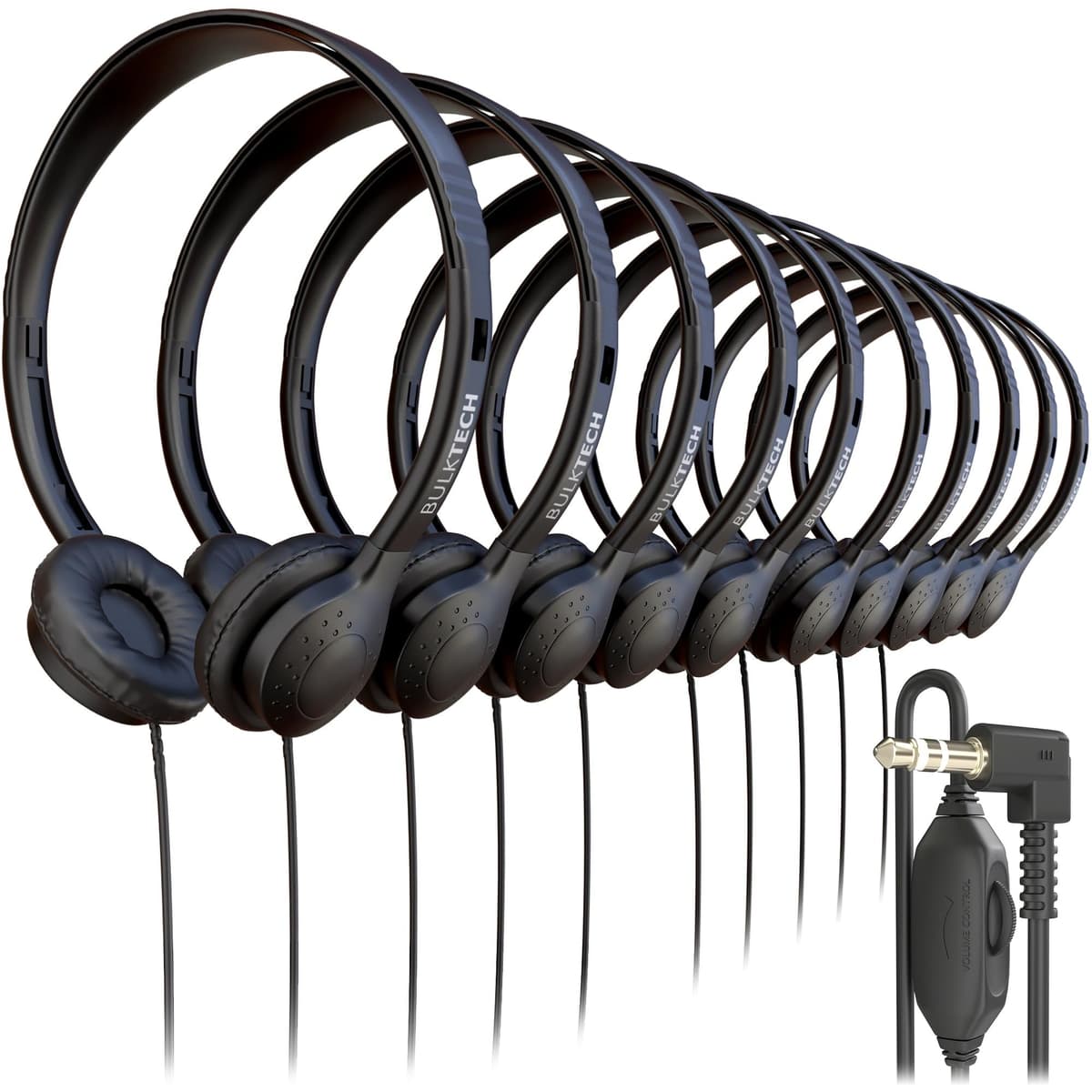 Bulktech AKYF3G Audífonos On-Ear con Cable de Cuero, Conector 3.5 mm y Control de Volumen, Negro, Paquete de 1000
