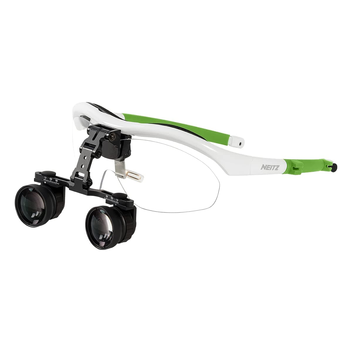 NEITZ NTZ-BLS-2 Loupes quirúrgicos dentales binoculares para médicos, cirujanos y odontólogos (2.0X-2.5X) distancia de trabajo 550-350 mm (21.65-13.78 in) color blanco-verde BLS-2-NI-MTZ
