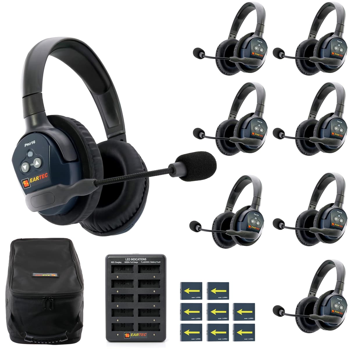 EARTEC Ultralite PRO16 ETP8D Intercomunicador Inalámbrico Full-Dúplex de Largo Alcance - 8 Diademas Doble Oreja, Alcance hasta 1/2 milla, 2.4 GHz, Empresa de EE.UU.