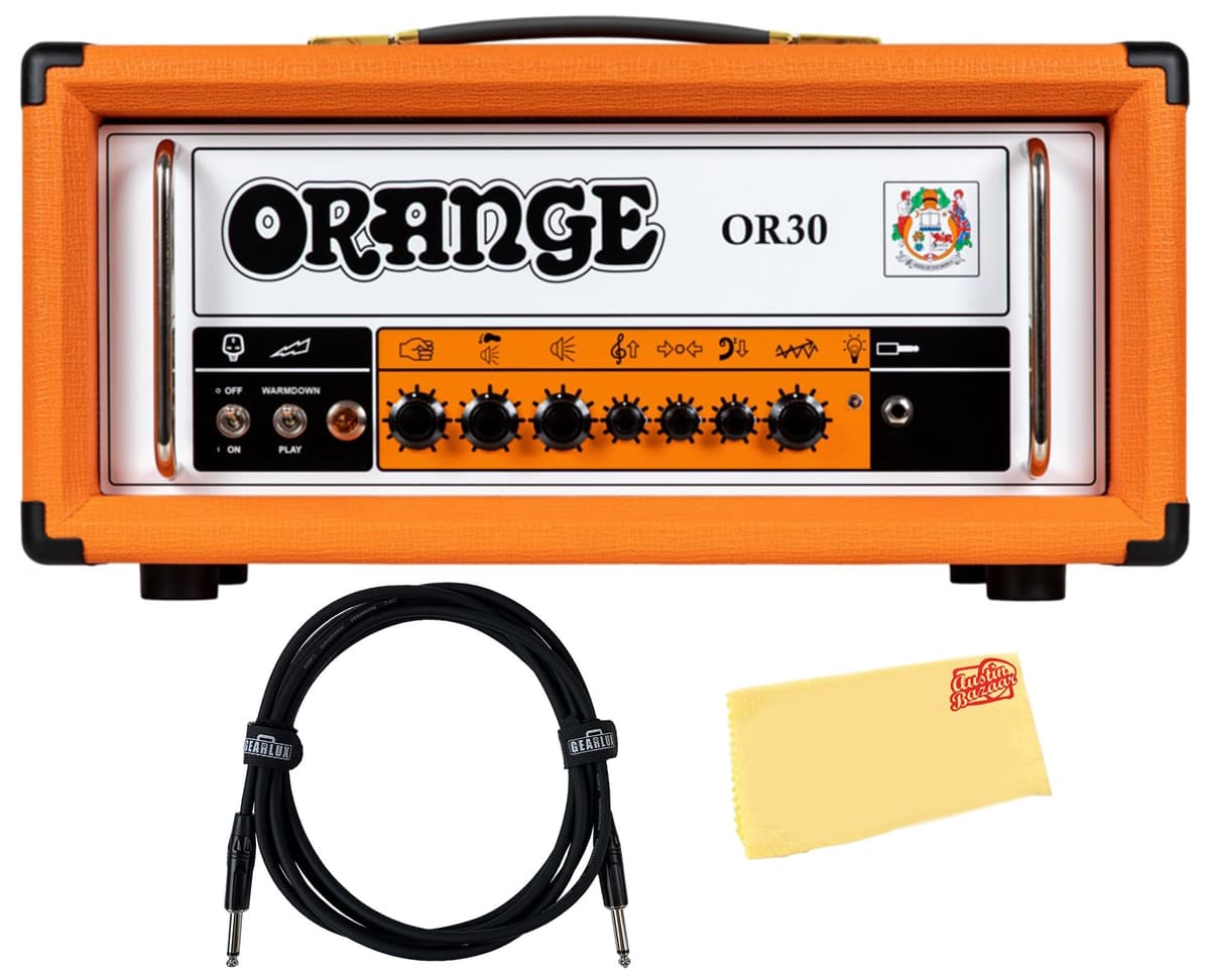 Orange OR30 Cabezal de Amplificador de Válvulas 30W Canal Único con Boost de Volumen con Footswitch - Bundle Orange con Cable para Instrumento y Paño de Pulido Austin Bazaar AUS-OR30-H-V3-COMBO-STD