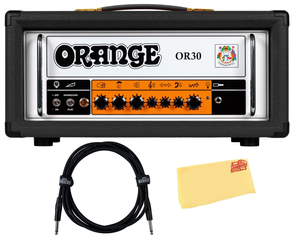 Orange OR30 Cabezal Amplificador de Válvulas 30W Canal Único con Boost de Volumen con Footswitch - Negro Combo con Cable de Guitarra y Paño de Pulido Austin Bazaar AUS-OR30-H-BK-V3-COMBO-STD