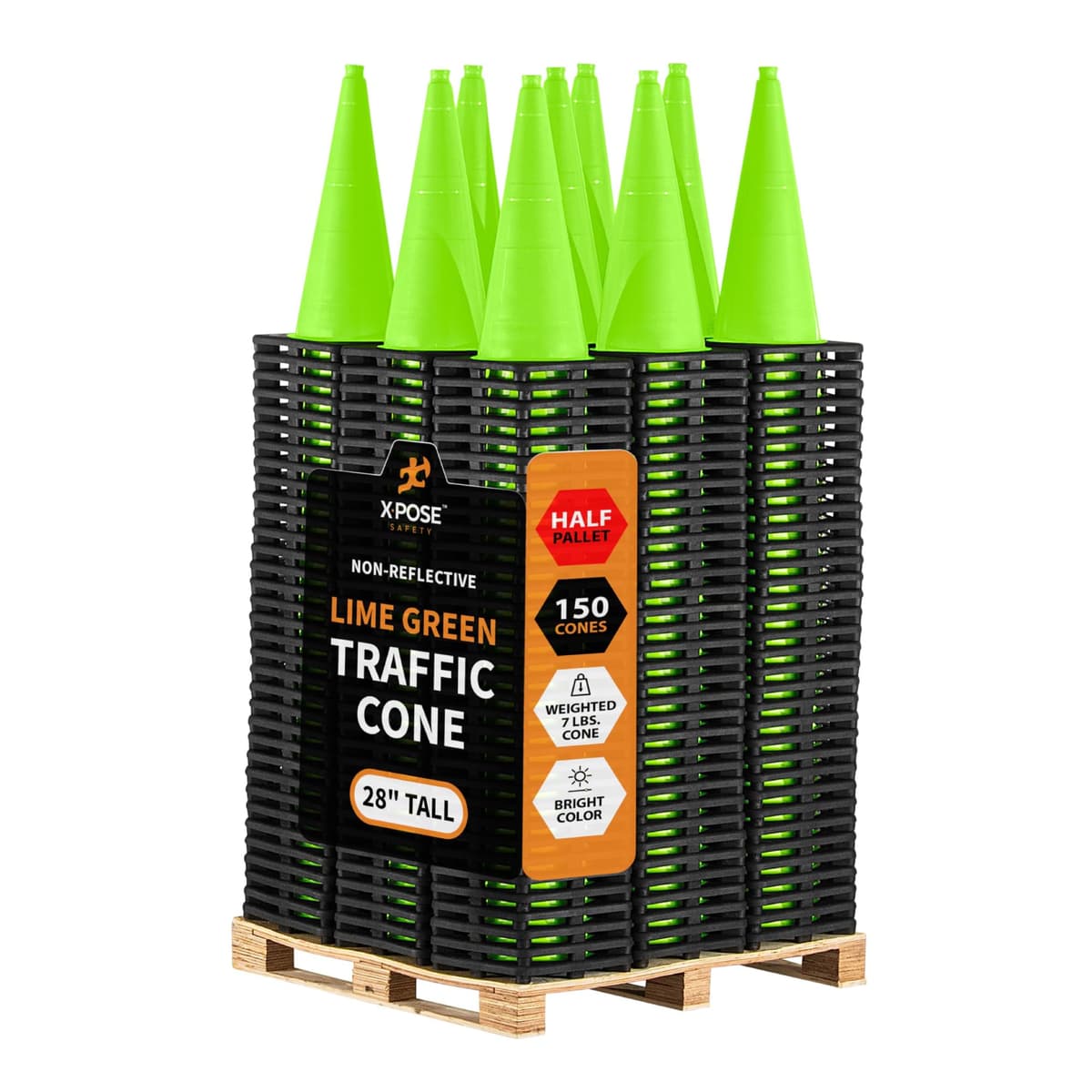 Xpose Safety LTC28-HP150-X Conos de Tráfico 28" Color Lima - Palé Medio 150 Unidades - Conos de Seguridad PVC Premium para Estacionamiento, Precaución, Construcción, Cuadrillas Viales y Vehículos de Emergencia - Aprobado por DOT