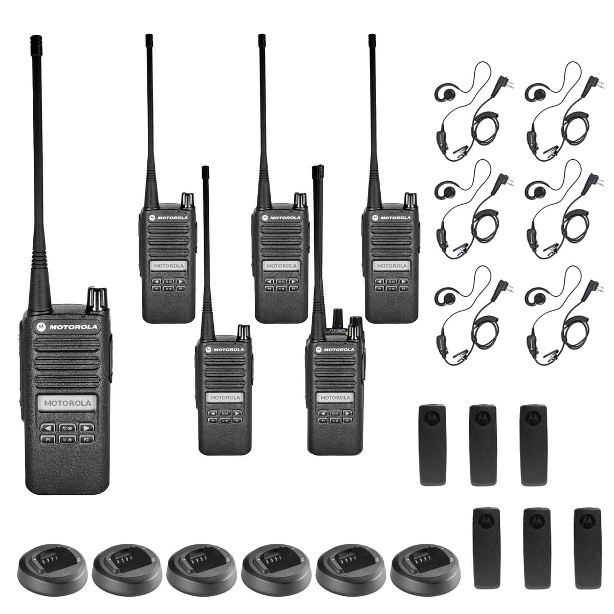 Motorola Solutions CP100D Radio Portátil Analógico UHF con Pantalla y Teclado Limitado, 16 Canales, 4W (403-480MHz) + 6 Auriculares PTT Motorola HKLN4604 con Micrófono (Paquete de 6) - Bundle de 6 Radios y 6 Earpieces