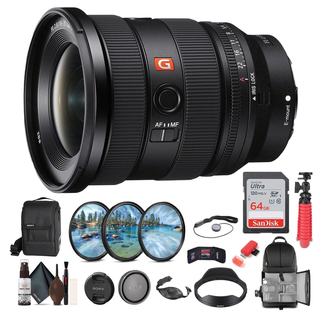Sony G Master SEL1635GM2 FE 16-35mm f/2.8 II Zoom Gran Angular E-Mount + Tarjeta 64GB + Kit de Filtros + Mochila + Trípode Flexible + Sujeta Tapa + Kit de Limpieza + Estuche para Memorias + Más