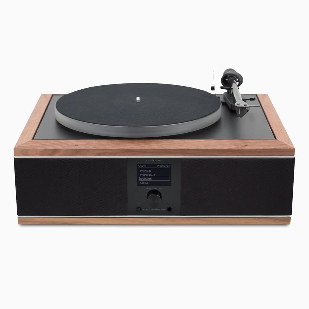Andover Audio Andover-One AAADVONEWN01NA Tocadiscos Todo-en-Uno Estéreo Surround con Bluetooth, Reproductor de Vinilos, Transmisión Inalámbrica, Acabado en Nogal