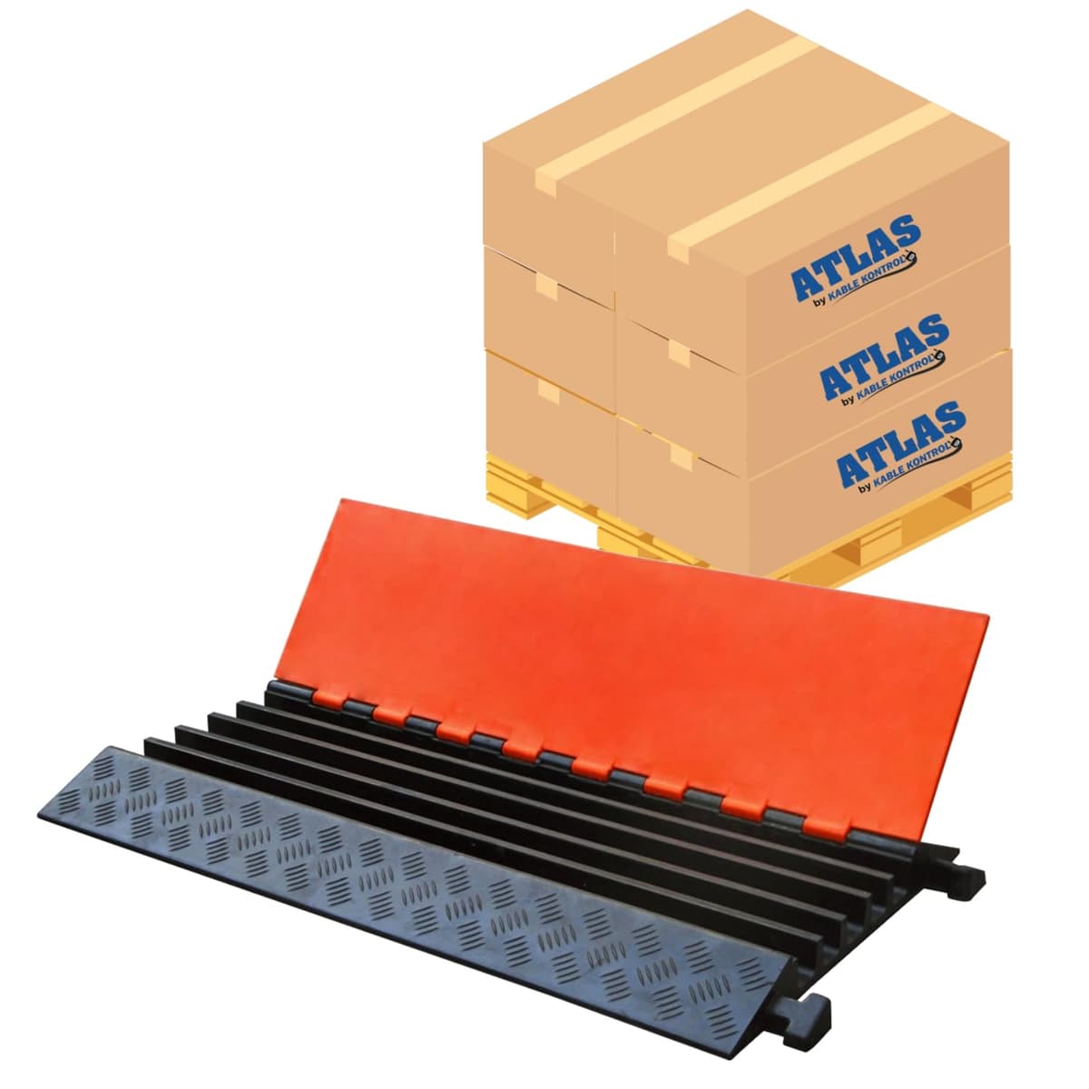 KABLE KONTROL Atlas CP9984-OR-20 Protector de Cable Pesado 5 Canales Pallet Mayorista 20 Piezas 36" Negro y Naranja Capacidad 36,000 lb Tope Reductor de Velocidad de Goma Cubierta para Cables y Alambres
