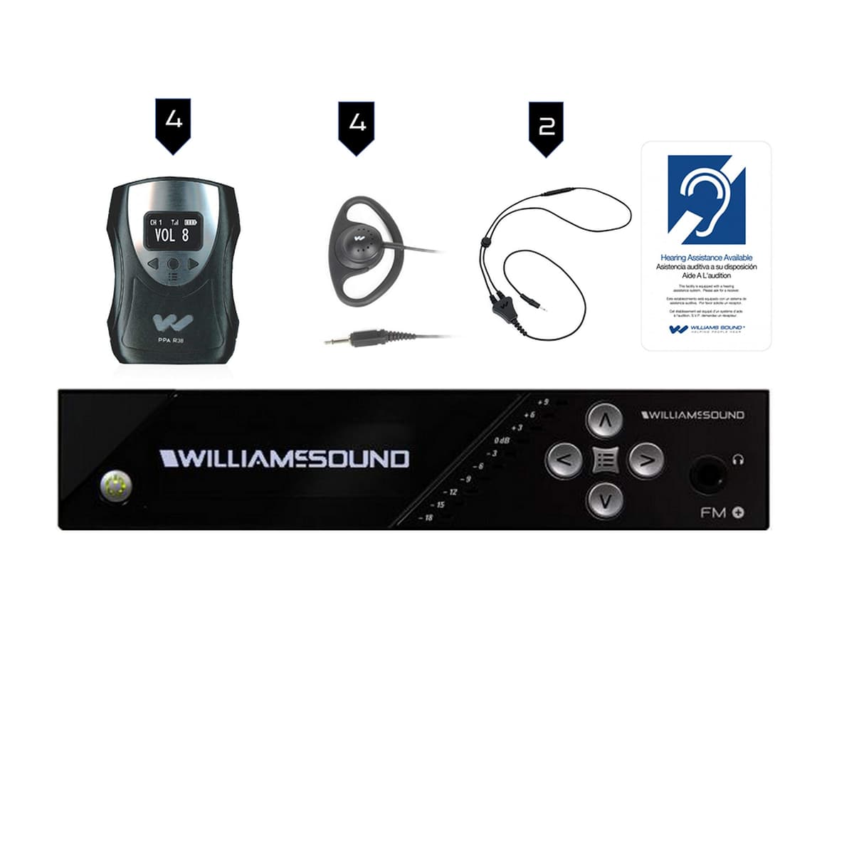 Williams AV FM 558 Sistema de Escucha Asistida de Gran Área Dual FM Plus y Wi-Fi con (1) Transmisor FM T55, (4) Receptores PPA R38N, (4) Auriculares EAR 022, (2) Collarines NKL 001