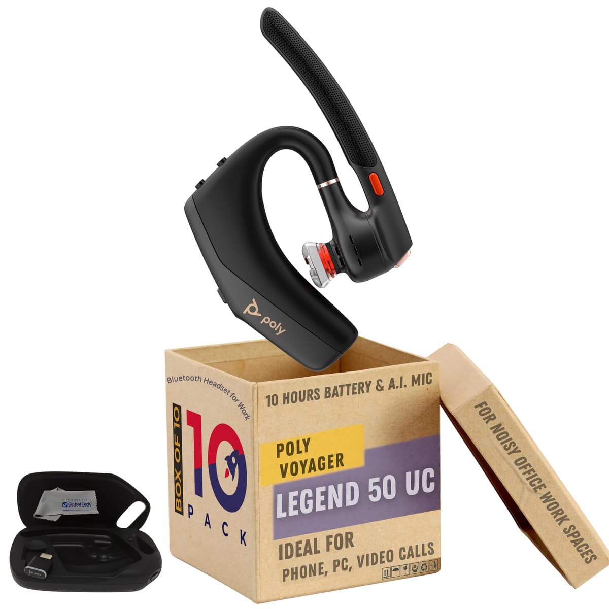 Global Teck Worldwide HP Poly Voyager Legend 50-UC - Auricular Bluetooth con cancelación de ruido, 4 micrófonos WindSmart, batería 10 horas, carga rápida, alcance inalámbrico 30 m, conectividad multipunto, asistente de voz, paño GTW (Pack de 10)