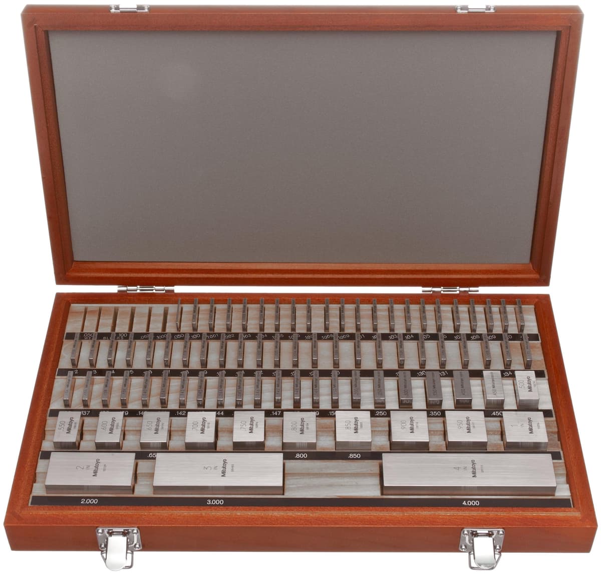 Mitutoyo 516-402-26 Juego de bloques patrón de acero, grado ASME 0, longitudes 0.101 a 0.149", 81 piezas, escuadras de precisión