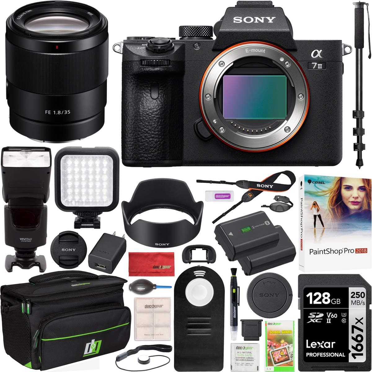 Sony Alpha a7 III ILCE-7M3 - Cámara Mirrorless 4K cuerpo + Lente FE 35mm F1.8 Full Frame - Kit con Tarjeta 128GB, Estuche Deco Gear, Flash, Monopod 72" - Modelo Oficial Sony USA Partner - E40SNILCE7M3 SNSEL35F18F