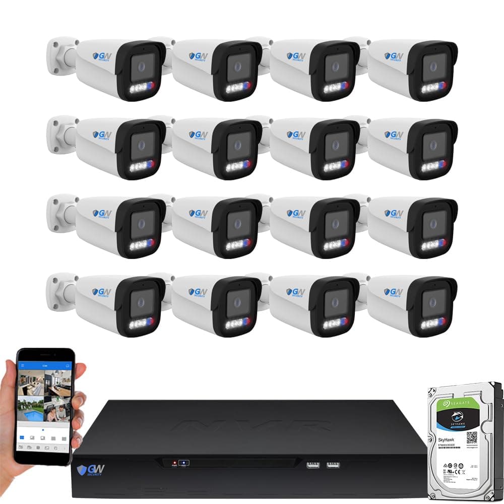 GW Security 16CH16C8024 Sistema de Cámaras de Seguridad NVR 16 Canales 12MP 4K 25FPS, Audio Bidireccional, 16 Cámaras Bullet 8MP con Reconocimiento Facial, 10 Funciones AI, Compatible NDAA y TAA, Disco Duro 4TB Preinstalado