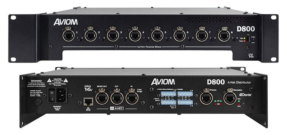 Aviom D800-DANTE | Distribuidor A-Net de alto rendimiento con soporte Ethernet, conexiones EtherCon robustas y conectividad directa a red de audio Dante