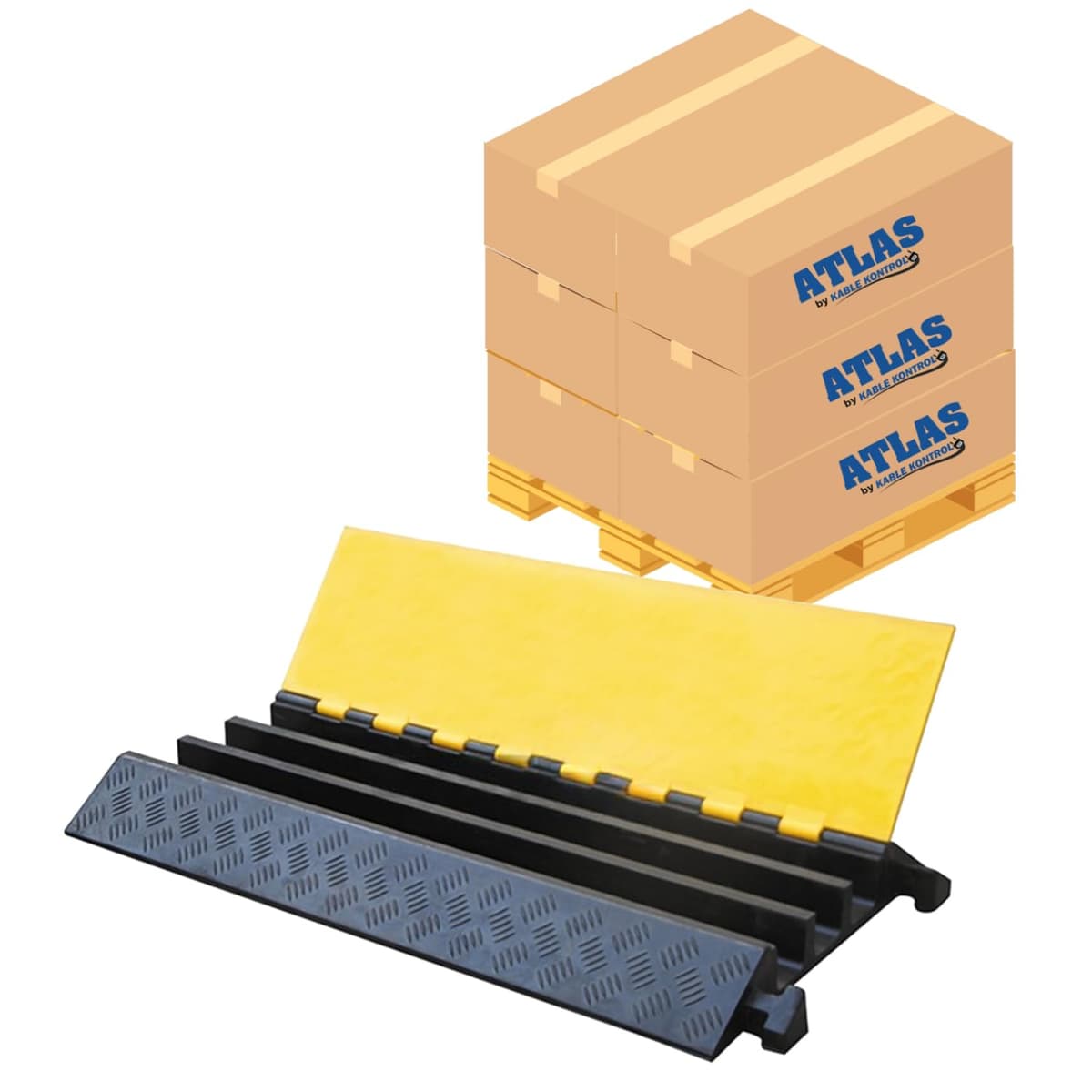 KABLE KONTROL Atlas CP9986 Protector de Cables Pesado - Rampa 3 Canales a Granel (30 Pzs) - 36" Negro y Amarillo - Capacidad 44,000 lb - Topes de Velocidad de Goma, Cubierta para Cables y Alambres