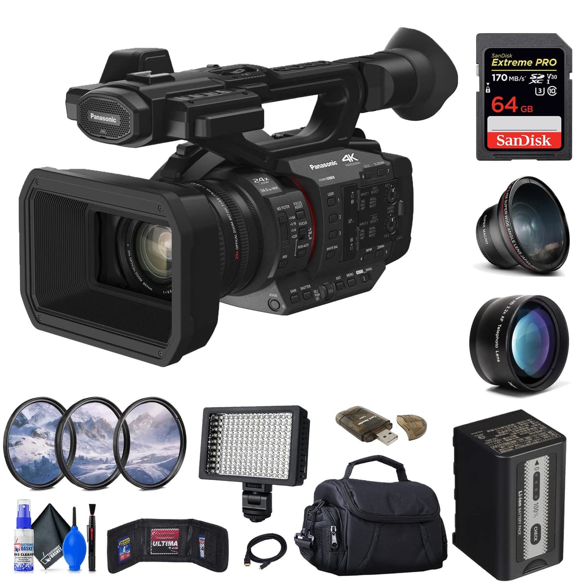 Panasonic HC-X2 Videocámara 4K - Camcorder profesional + Tarjeta 64GB + Kit de Filtros + Lente Gran Angular + Lente Telefoto + Luz LED + Bolso + Lector de Tarjetas + Estuche para Memorias + Kit de Limpieza y más