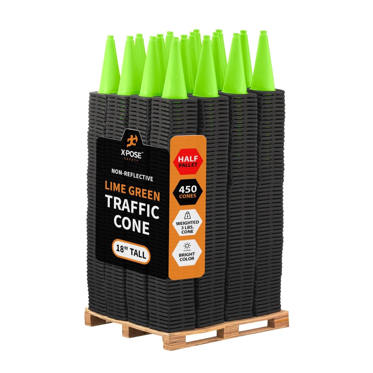 Xpose Safety LTC18-HP450-X Conos de Tráfico 18" Color Lima - Bulto Media Tarima 450 Piezas - Cono de Seguridad PVC Premium para Estacionamientos, Precaución, Construcción, Cuadrillas Viales, Vehículos de Emergencia - Aprobado DOT