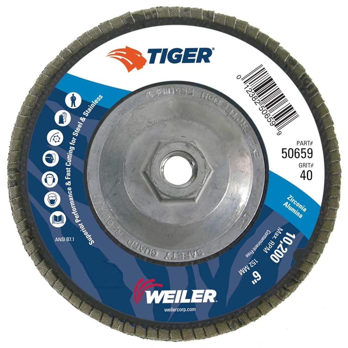 Weiler Tiger 50659 Disco flap abrasivo angulado 6" grano 40 zirconio con respaldo fenólico, arbor 5/8"-11 (Pack de 10)