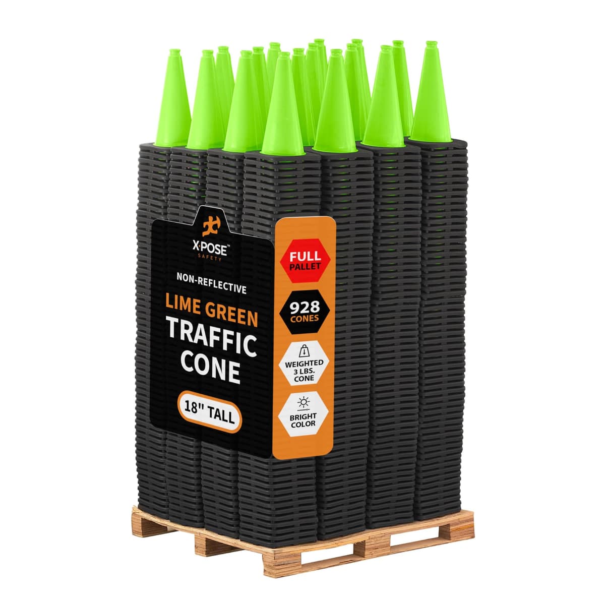 Xpose Safety Lime Traffic Cones 18" - Pack Palé Completo 928 unidades - Conos de Tráfico Premium PVC para Estacionamiento, Precaución, Construcción, Carreteras, Vehículos de Emergencia - Aprobado DOT - Modelo LTC18-FP928-X