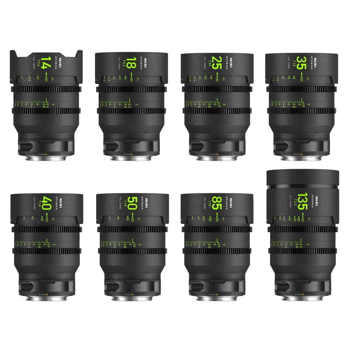 NiSi Athena Cinema Prime Master Kit Sony E Mount - Set de 8 Lentes (14mm, 18mm, 25mm, 35mm, 40mm, 50mm, 85mm, 135mm) con Estuche Rígido - Aberración Cromática Ultrabaja, Filtro Drop-in y Máximo Microcontraste Athena-E-Master
