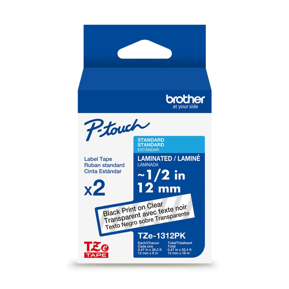 Brother TZe1312PK Cinta Etiquetadora TZe 1/2" Negro sobre Transparente 2 Pack, Cada una: 12 mm x 8 m, Total: 12 mm x 16 m (0.47" x 52.4 ft) compatible Brother P-touch