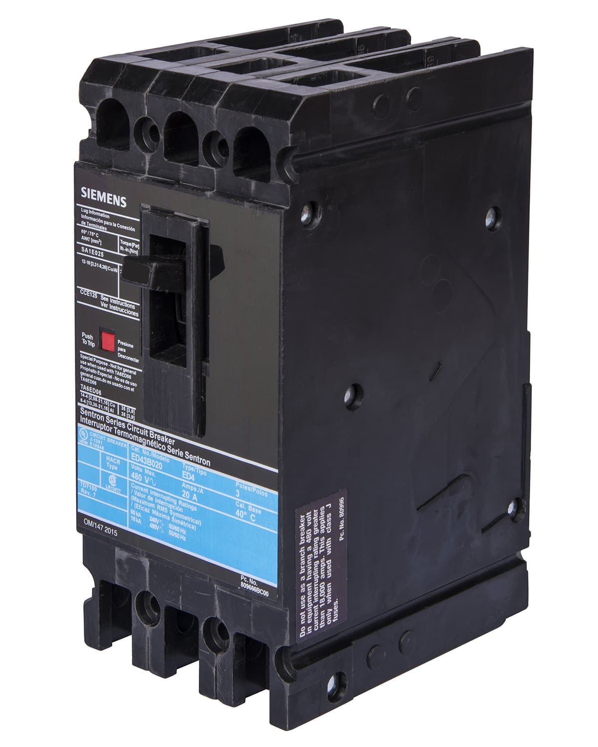 Siemens HI HED43B040 Interruptor Automático, Tipo HED4, 40A, 3 Polos, Termomagnético, Protector de Circuito, Industrial, Montaje en Panel