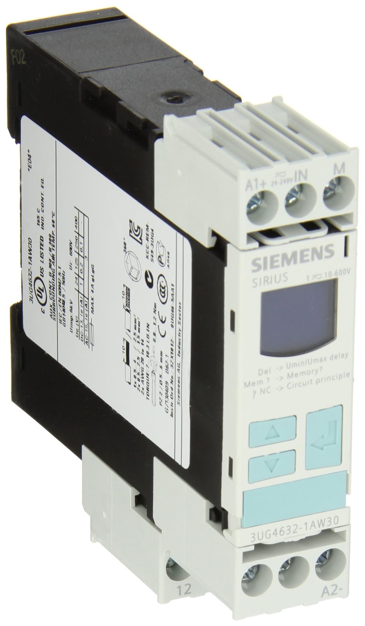 SIEMENS 3UG4632-1AW30 Relé de Monitoreo Monofásico, Tensión 10-600 VAC/DC, Terminales de Tornillo, 1 Contacto CO, Histéresis 0.1-300 V, Retardo 0-20 s, Tensión Auxiliar 24 VAC/DC