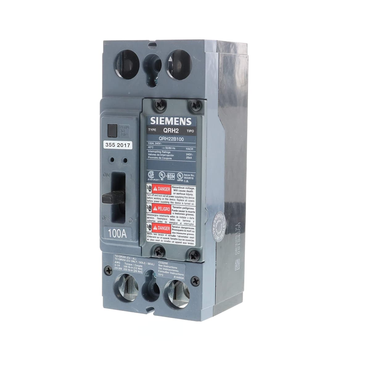 SIEMENS QR US2:QRH22B100 Interruptor Termomagnético 2 Polos 100A 25kA Tipo QR, Breaker 100 Amp, Disyuntor 2P, Siemens