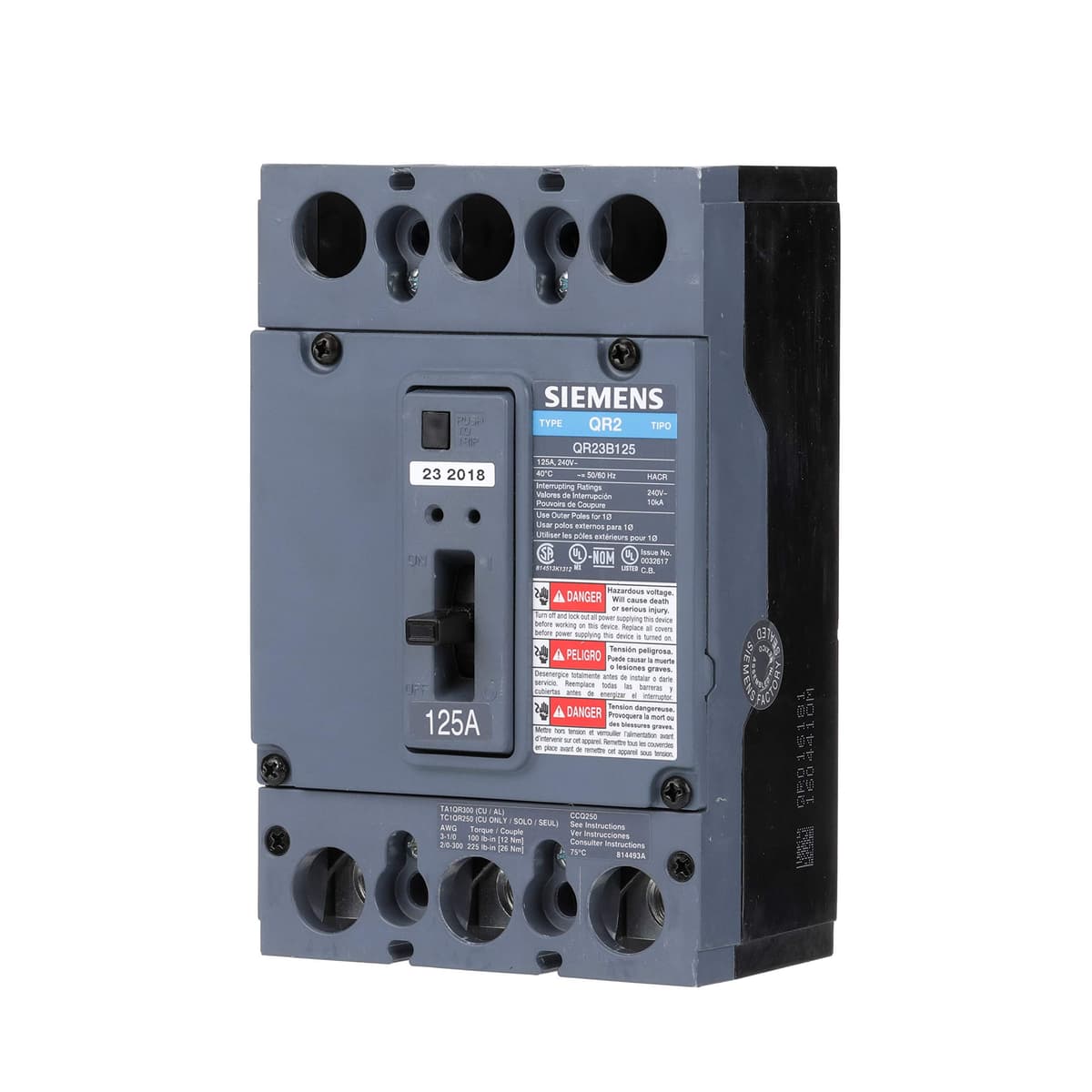 SIEMENS QR US2:QR23B125 Interruptor Termomagnético 3 Polos 125A Tipo QR, Breaker Industrial, Protección de Circuitos