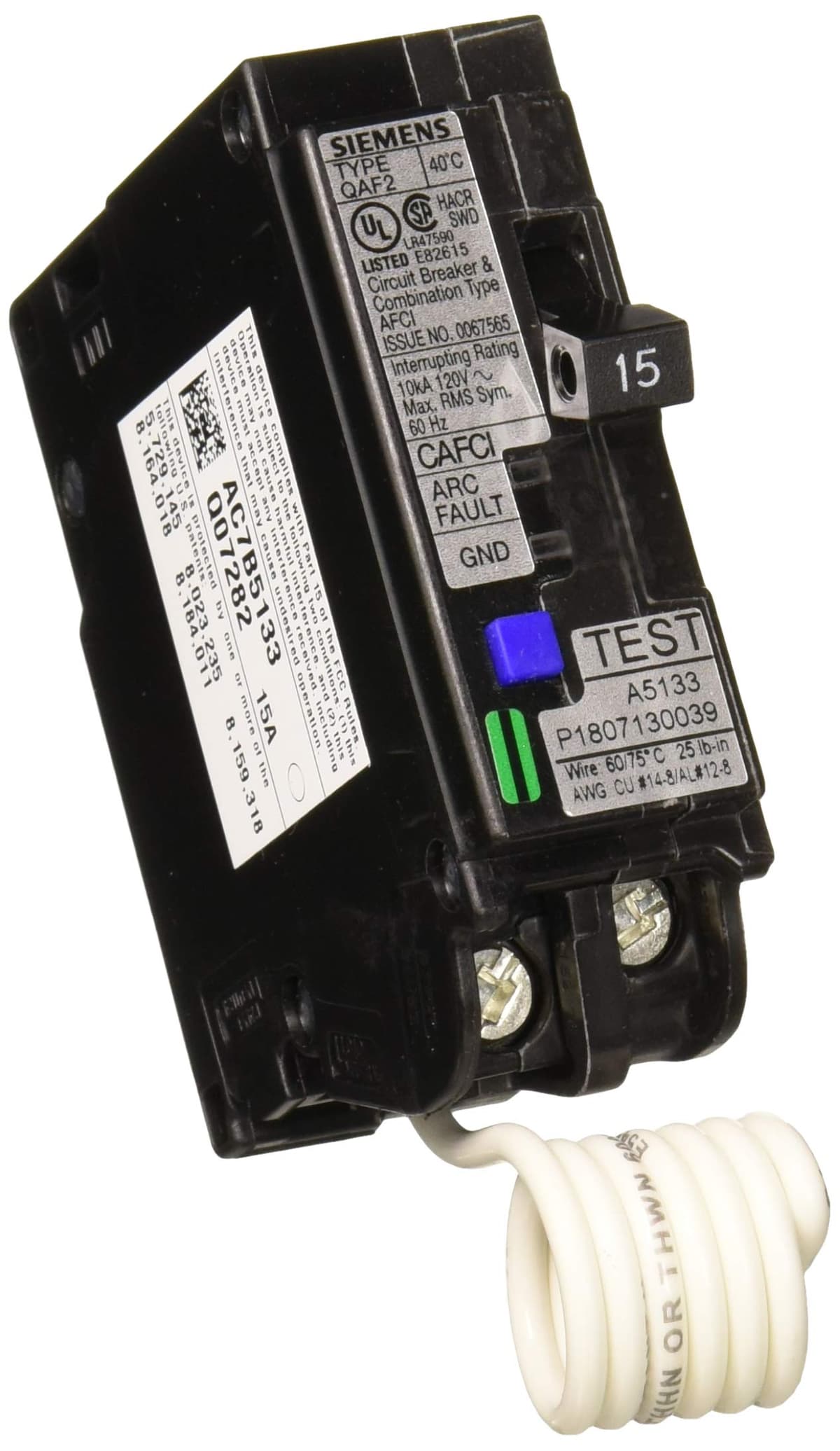 SIEMENS BUNQAAFC1510 - Interruptor Automático AFCI Combinado, 15 Amp, 1 Polo, Paquete de 10 - Breakers de Circuito, Protección Contra Arcos, Residencial y Comercial