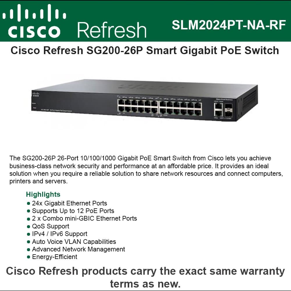 Cisco SG200-26P SLM2024PT Switch Gigabit Inteligente PoE 26 Puertos +2x SFP 12x PoE Refurbished SLM2024PT-NA-RF