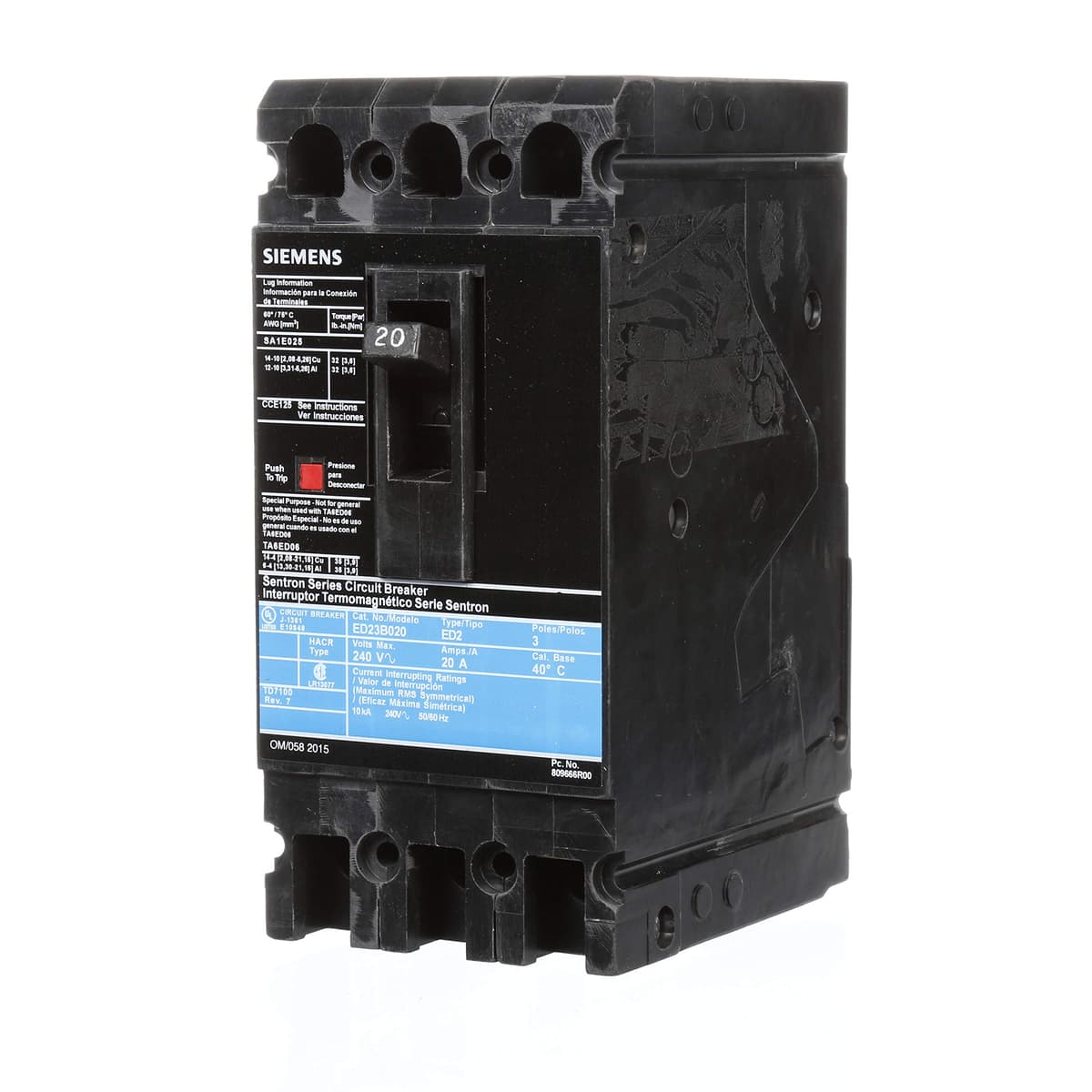 SIEMENS HI ED23B020 Interruptor Termomagnético, Tipo ED2, 20A, 3 Polos, Breaker de Circuito, Montaje en Panel, Industrial