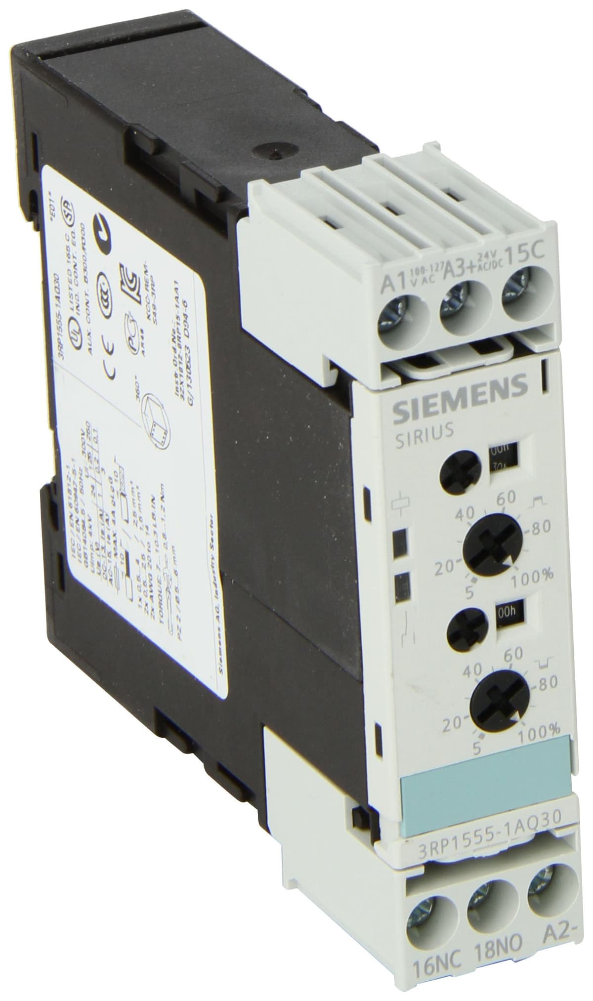 SIEMENS 3RP1555-1AQ30 Relé temporizador de estado sólido, carcasa industrial 22.5 mm, bornes a tornillo, función reloj de impulsos, 1 contacto conmutado (1 CO), rango 0.05 s-100 h, tensión de control AC/DC 24 V y 100-127 VAC