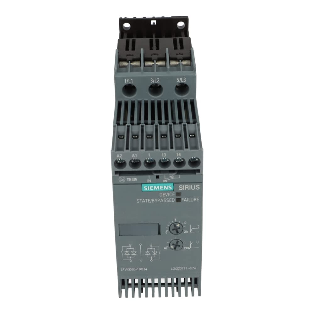Siemens SIRIUS 3RW3026-1BB14 Arrancador Suave, Tamaño S0, 25A, 11 kW/400V, 40°C, Rango 200-480V AC, Control 110-230V AC/DC, Terminales de Tornillo