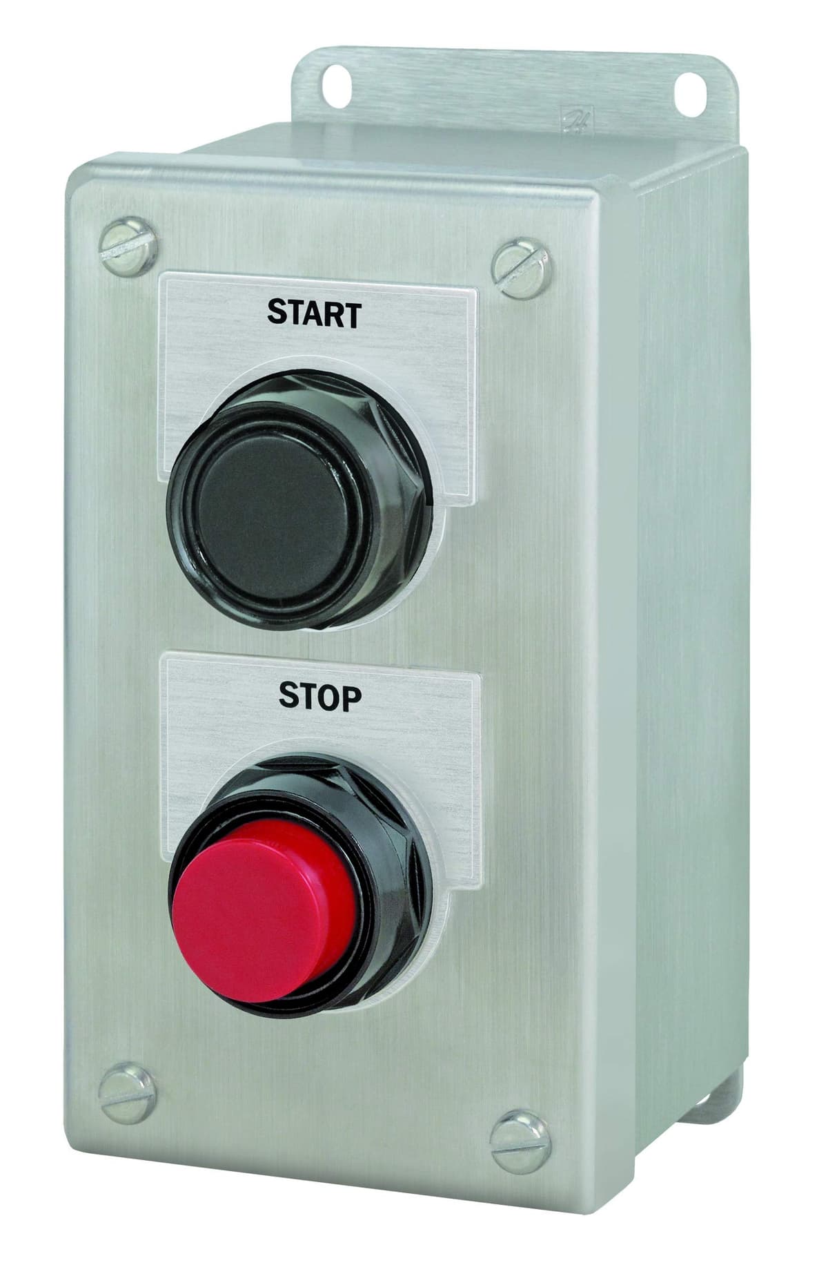 SIEMENS 52C201S Pulsador Industrial Heavy Duty, Estación de Control a Prueba de Agua y Aceite, 2 Puntos de Comando, Botón Negro Al Ras Momentáneo “START”, Botón Rojo Elevado Momentáneo “STOP”, Protección NEMA 4X Acero Inoxidable, Contactos 1NO-1NC