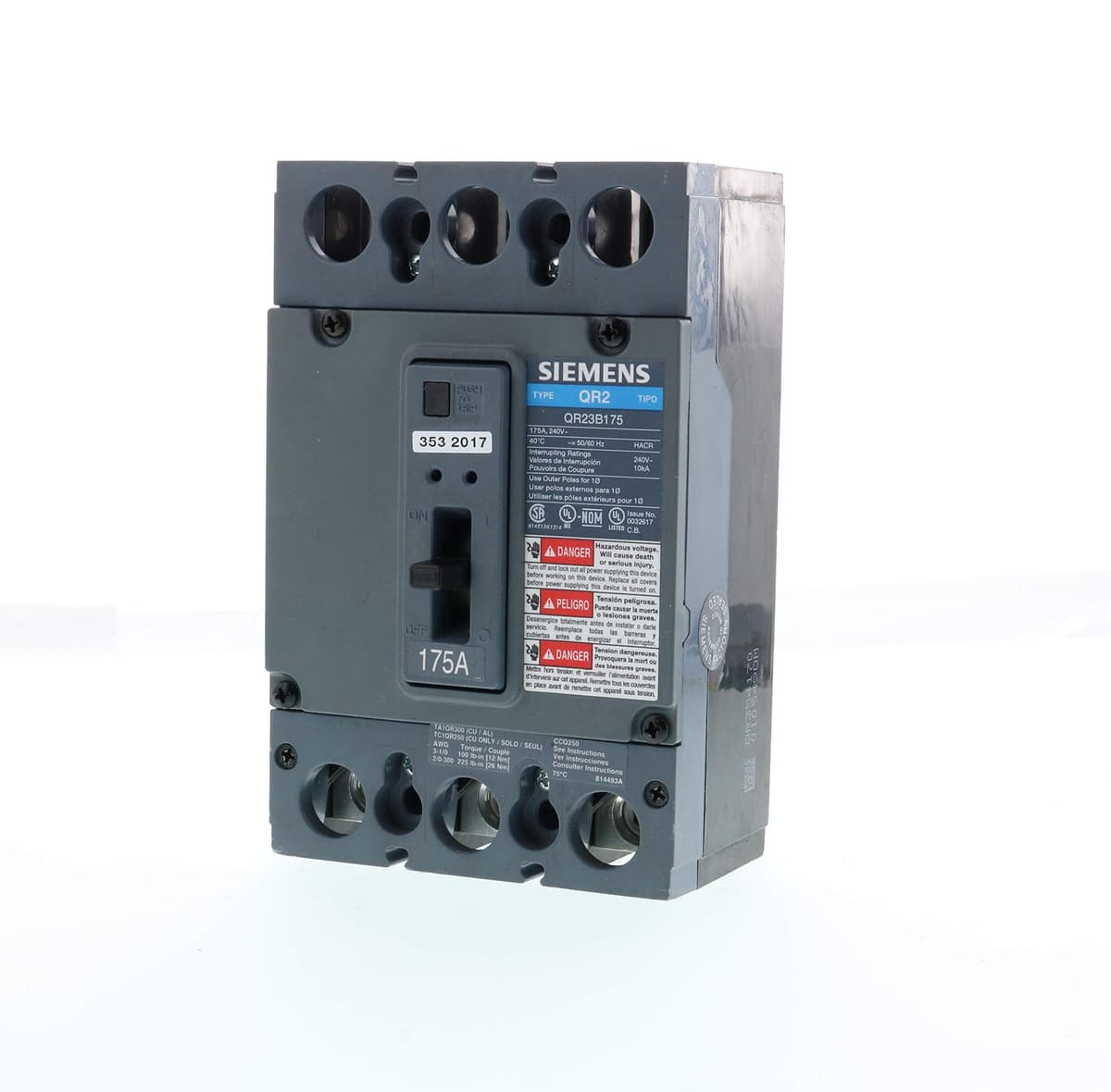 SIEMENS QR23B175 - Interruptor Automático Tipo QR de 3 Polos, 175 A, 240/480 V, Termomagnético, Industrial US2:QR23B175