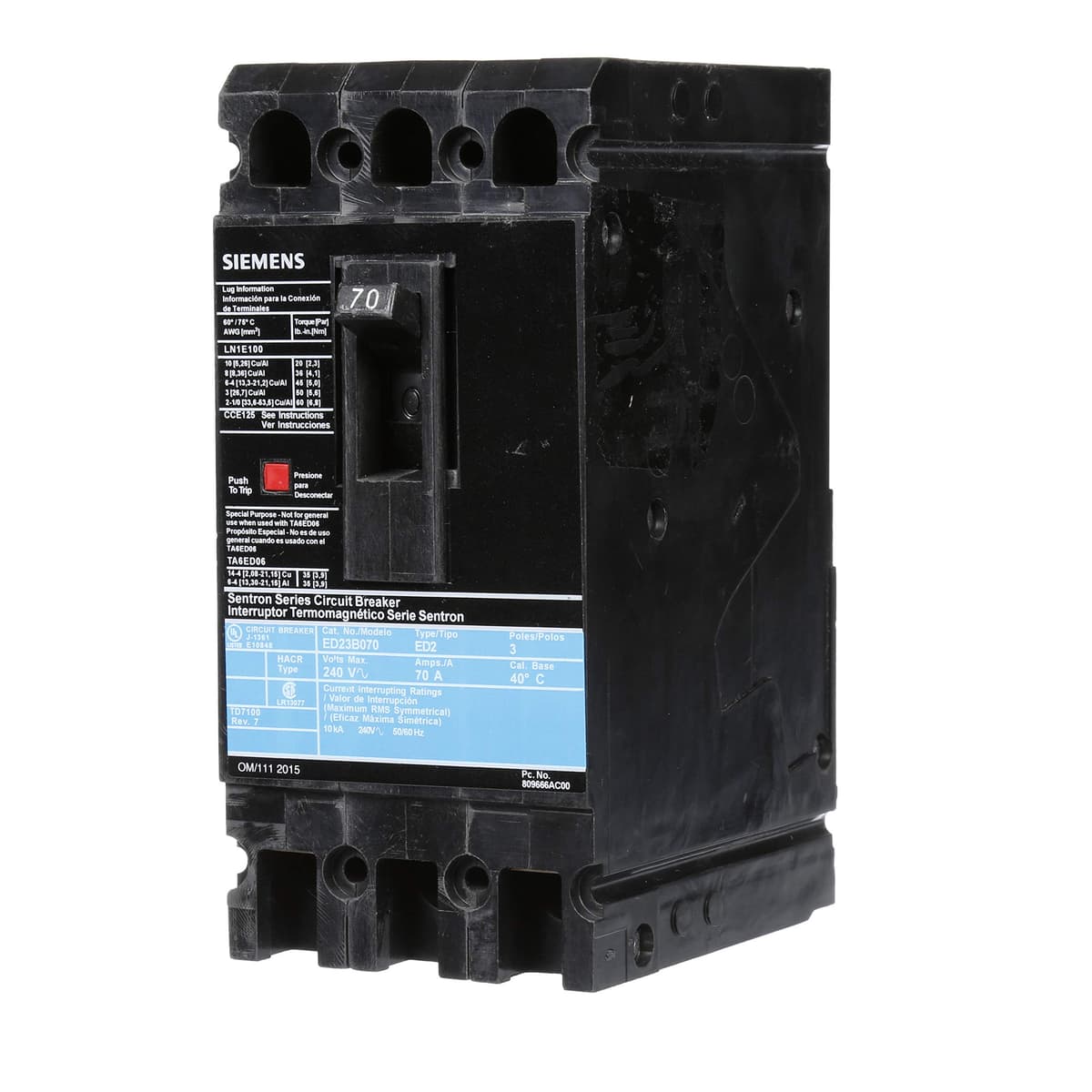 SIEMENS HI ED23B070 Interruptor Automático, Tipo ED2, 70A, 3 Polos, Disyuntor Termomagnético, 480Y/277V, Montaje en Panel